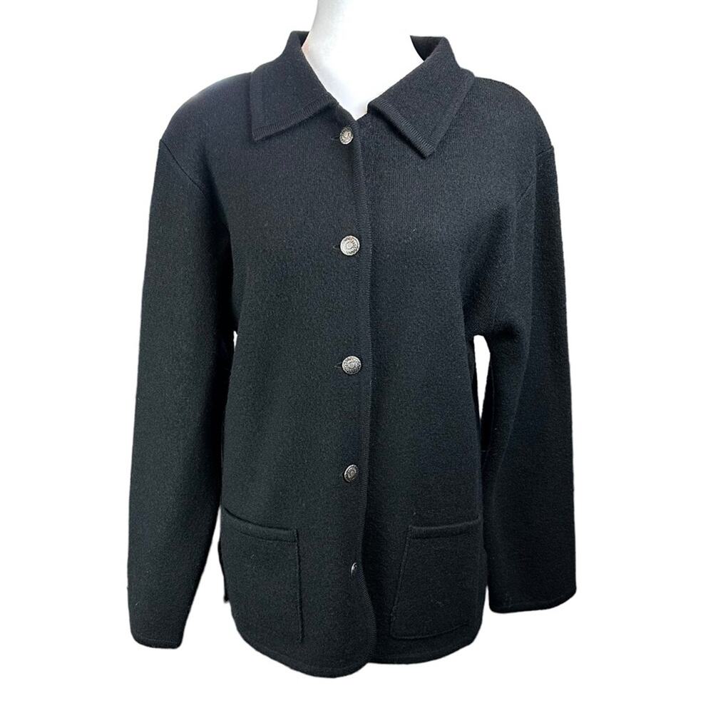 Nordstrom Wool Cardigan Button Front Black Size Medium Made in Australia